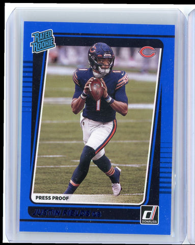 2021 Panini Donruss Justin Fields Rated Rookie Blue Press Proof Card 253