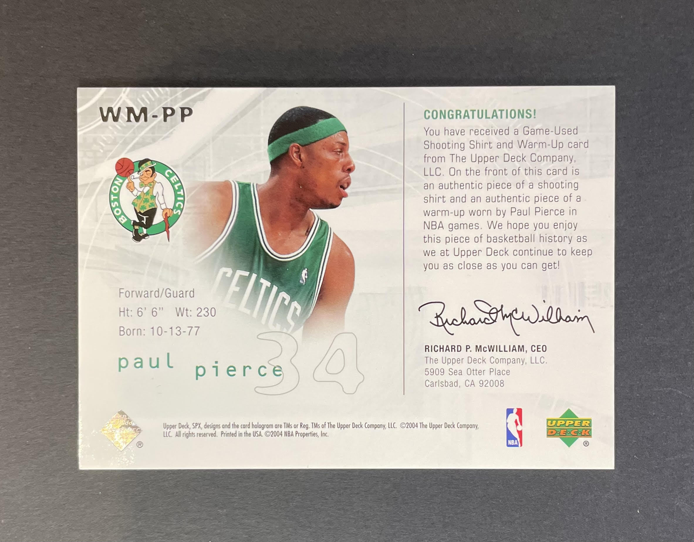 2004 Upper Deck SPX Paul Pierce Winning Materials Patch Card WMPP Game Used