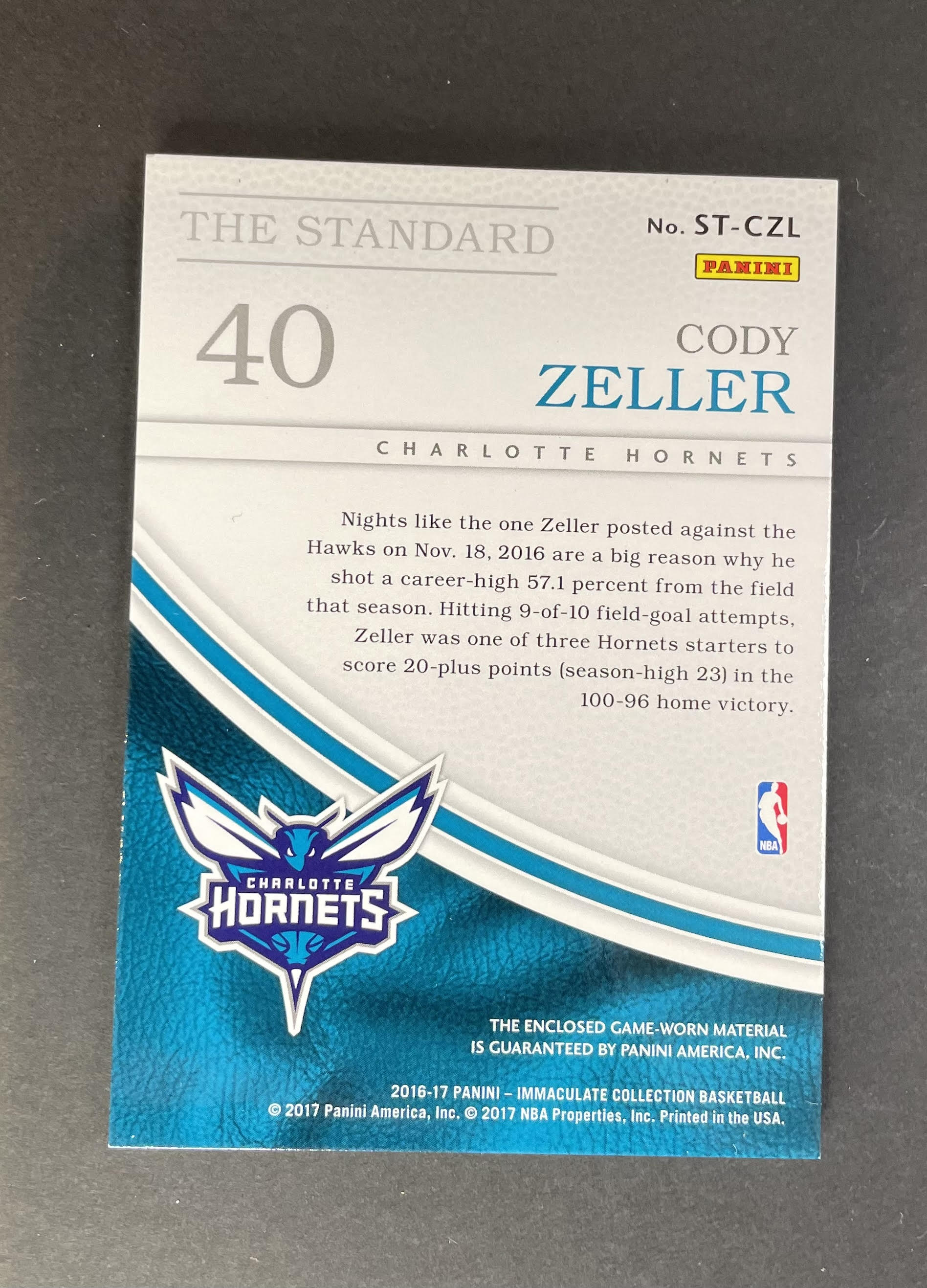 2016-17 Panini Immaculate Collection Cody Zeller Patch /99 #STCZL