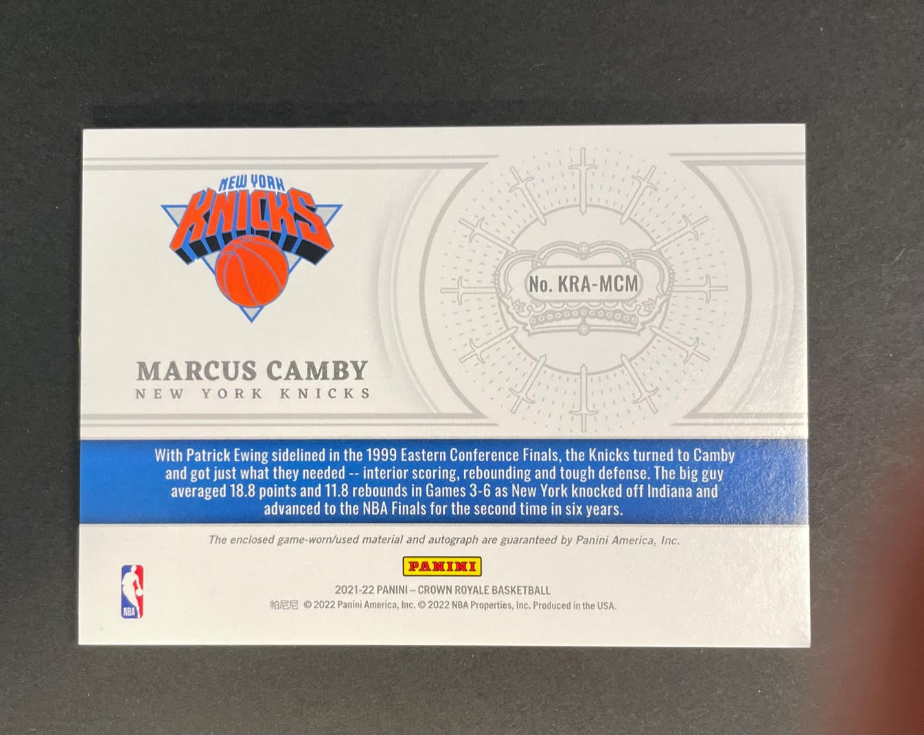 2021-22 Panini Crown Royale Knights Round Table Marcus Camby Patch Auto /99 #KRAMCM