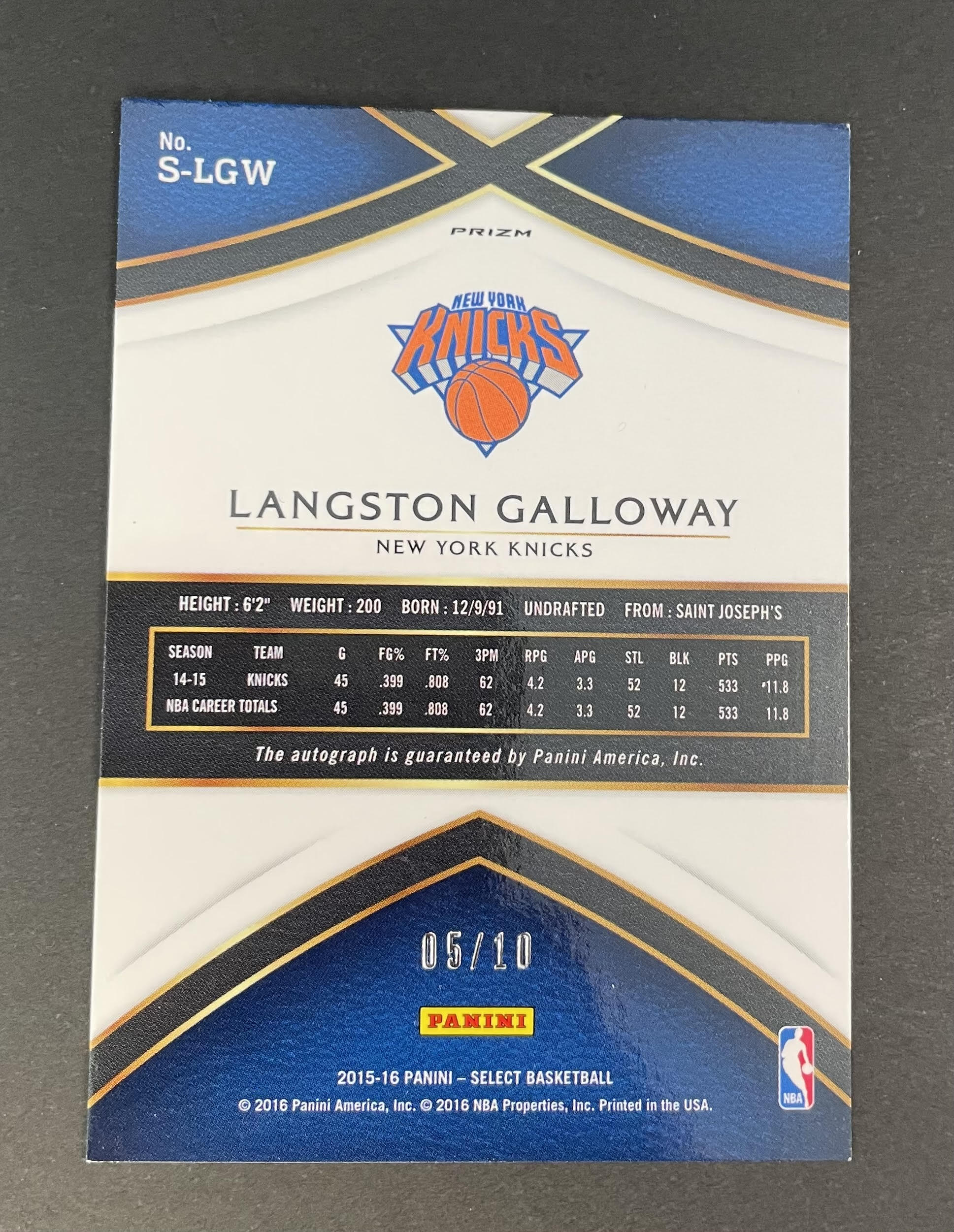 2015-16 Panini Select Langston Galloway Auto Gold /10 #SLGW