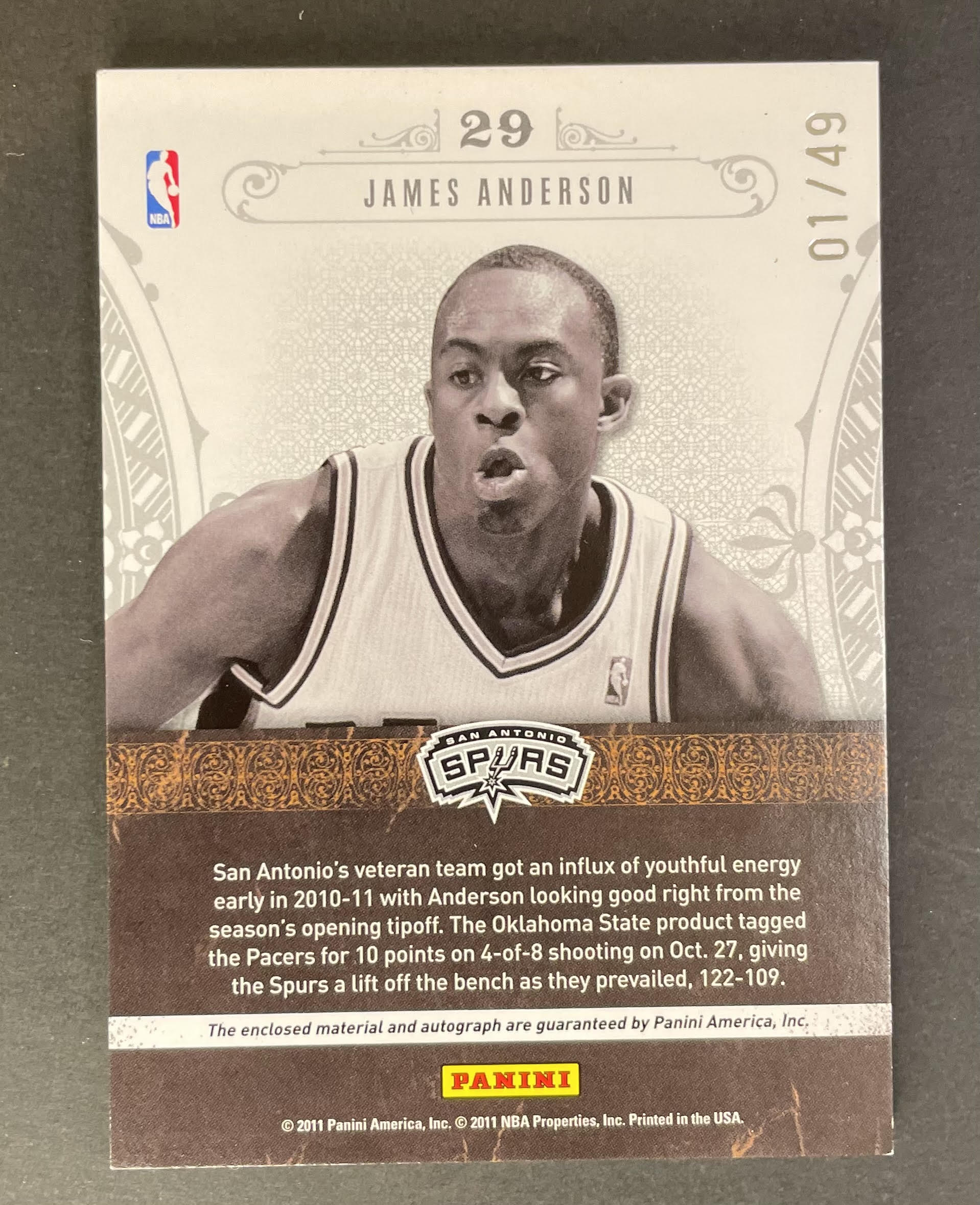 2011 Panini National Treasures NBA Gear James Anderson /49 #29 Auto